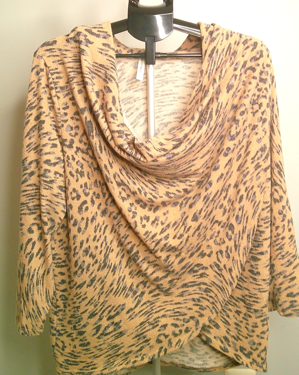 Emerald Women's Cowl Neck Tan Black Animal Print Sweater Wrap Front